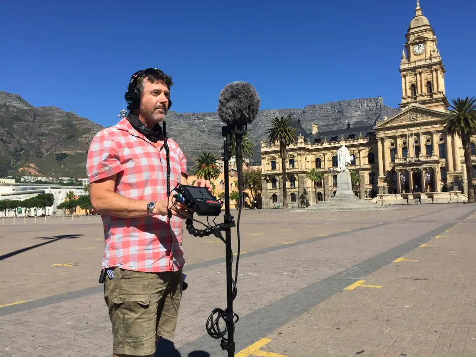 Sebastian recording sound in front of Cape Town city hall during lockdown